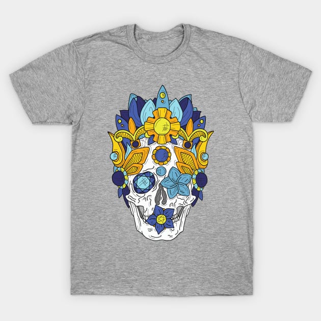 Royal Dead, Blue Floral Detail Crown and Skull T-Shirt by bblane